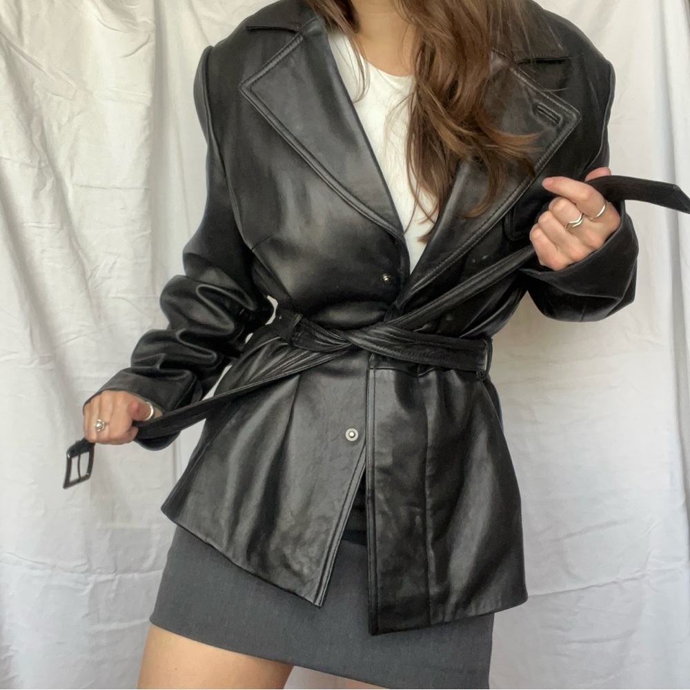 Worthington Black Lambskin Leather Belted Jacket